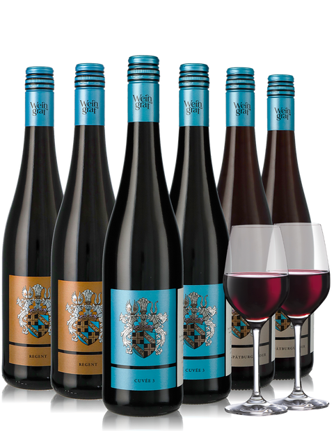 6er Weinpaket Rotwein lieblich aus Deutschland inkl.  2 Weingläser
